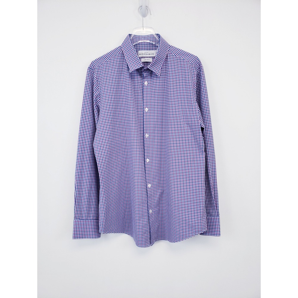 Mizzen+Main Leeward Dress Shirt Purple Blue Gingham Check Large Trim Fit L